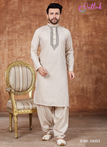 Off White Outluk Vol 24 Stylish Festive Wear Heavy Cotton Mens Wear Pathani Latest Collection 24003